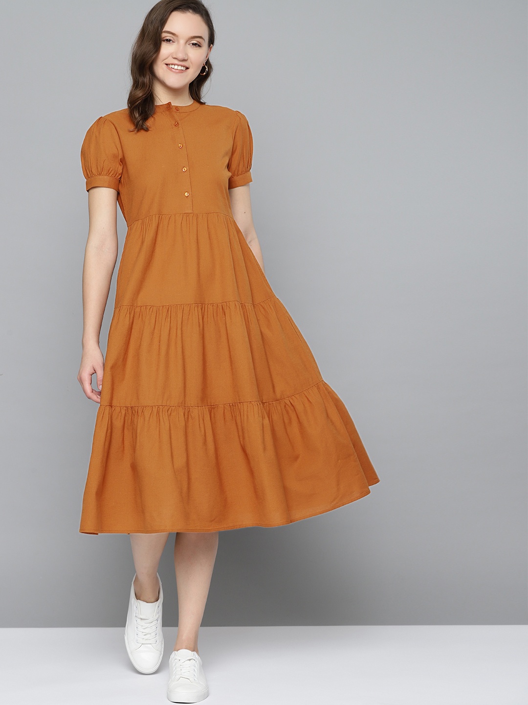 

Mast & Harbour Mustard Yellow Tiered Midi A-Line Dress