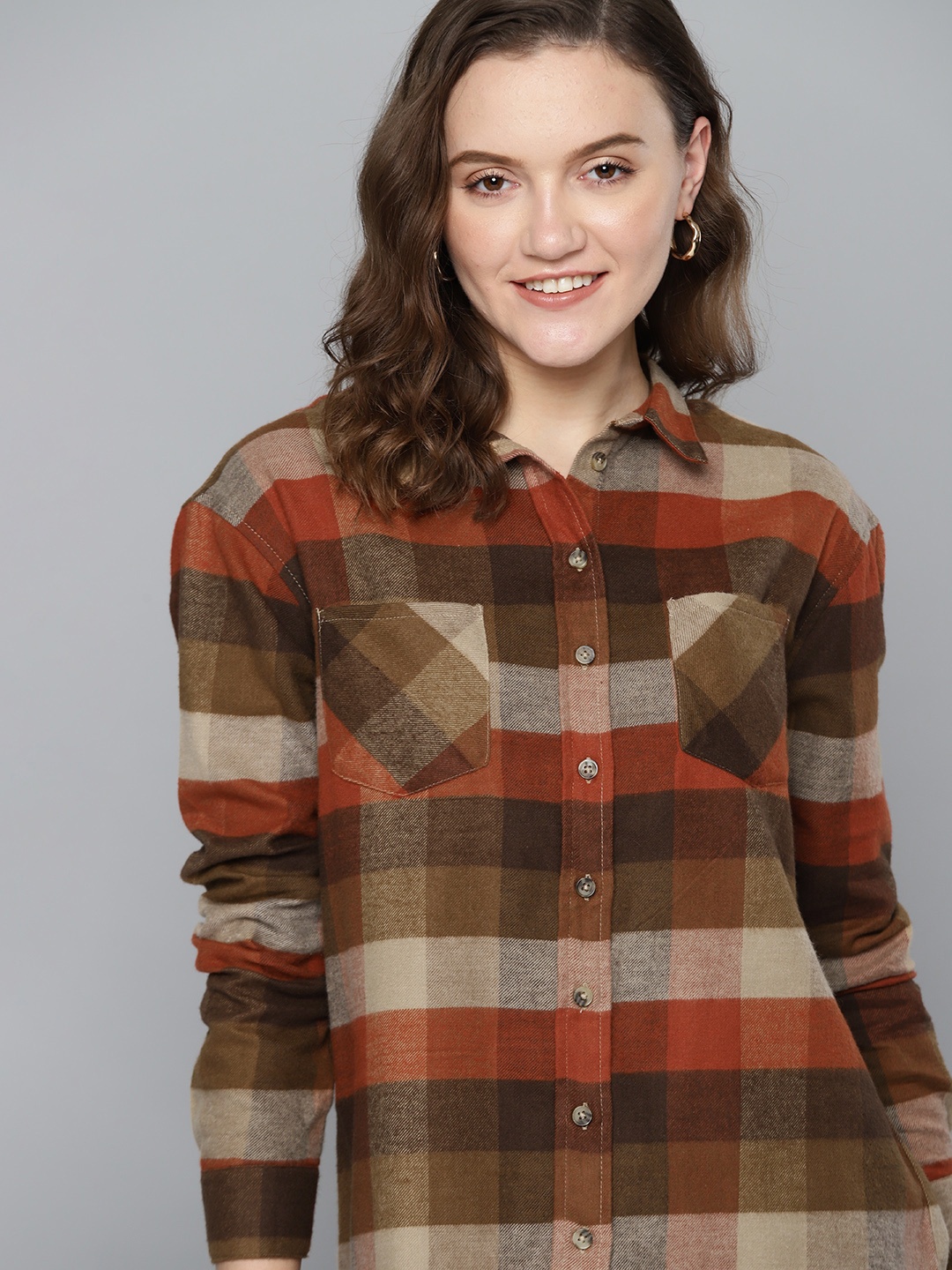 

Mast & Harbour Women Brown & Olive Green Cotton Buffalo Checks Casual Shirt