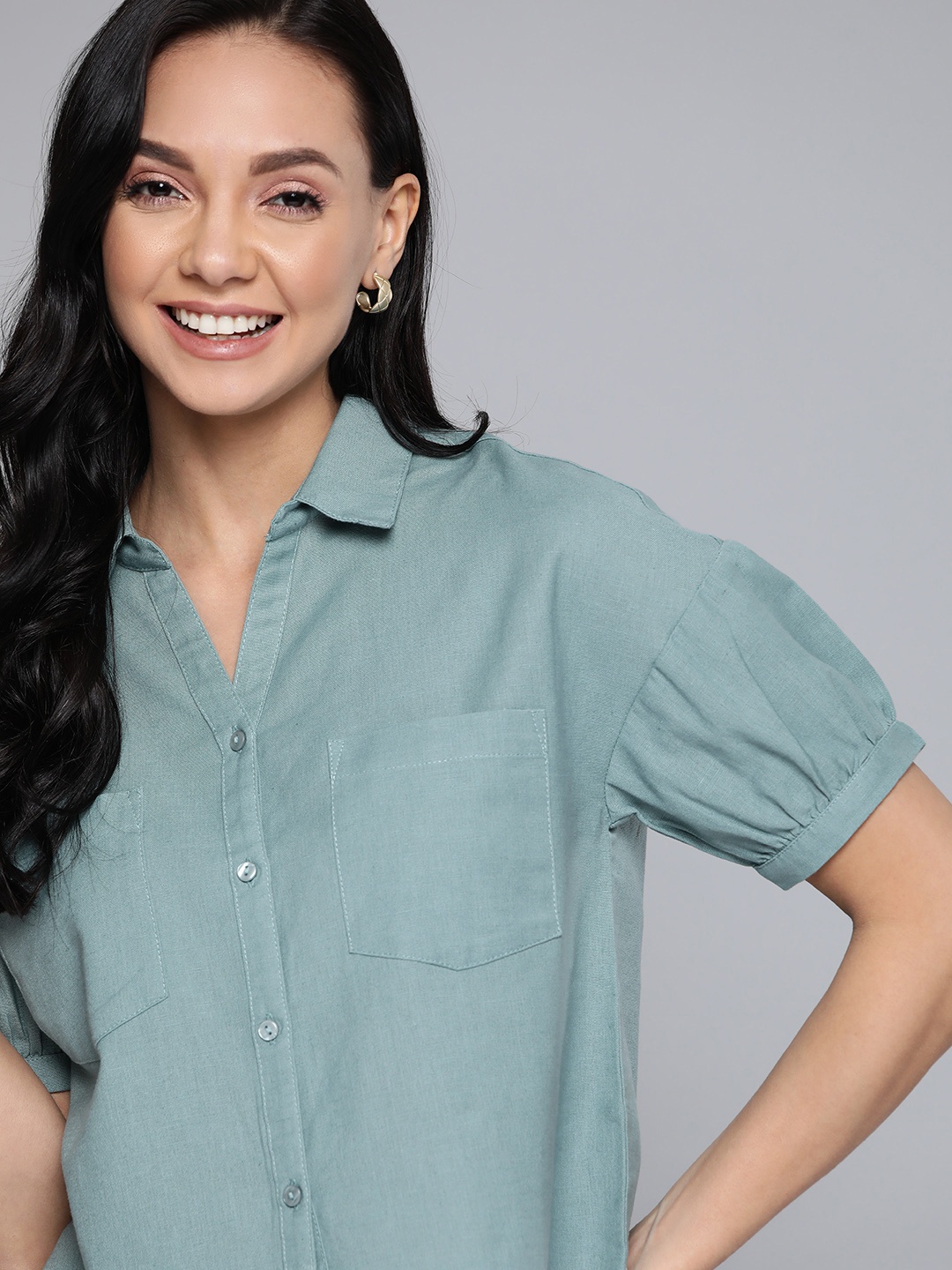 

Mast & Harbour Women Blue Solid Cotton Linen Casual Shirt