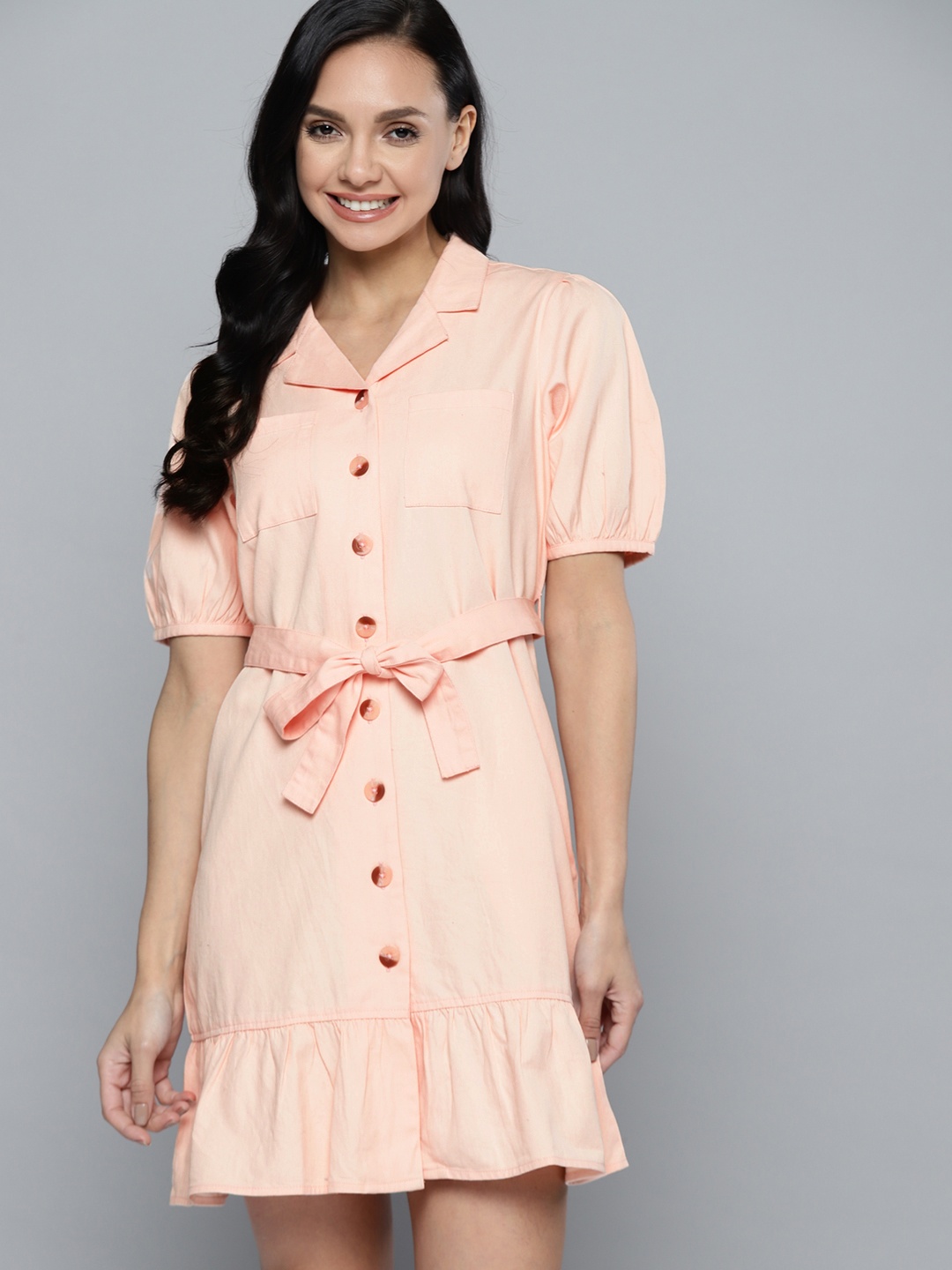 

Mast & Harbour Pink Solid Cotton Shirt Dress with Belt