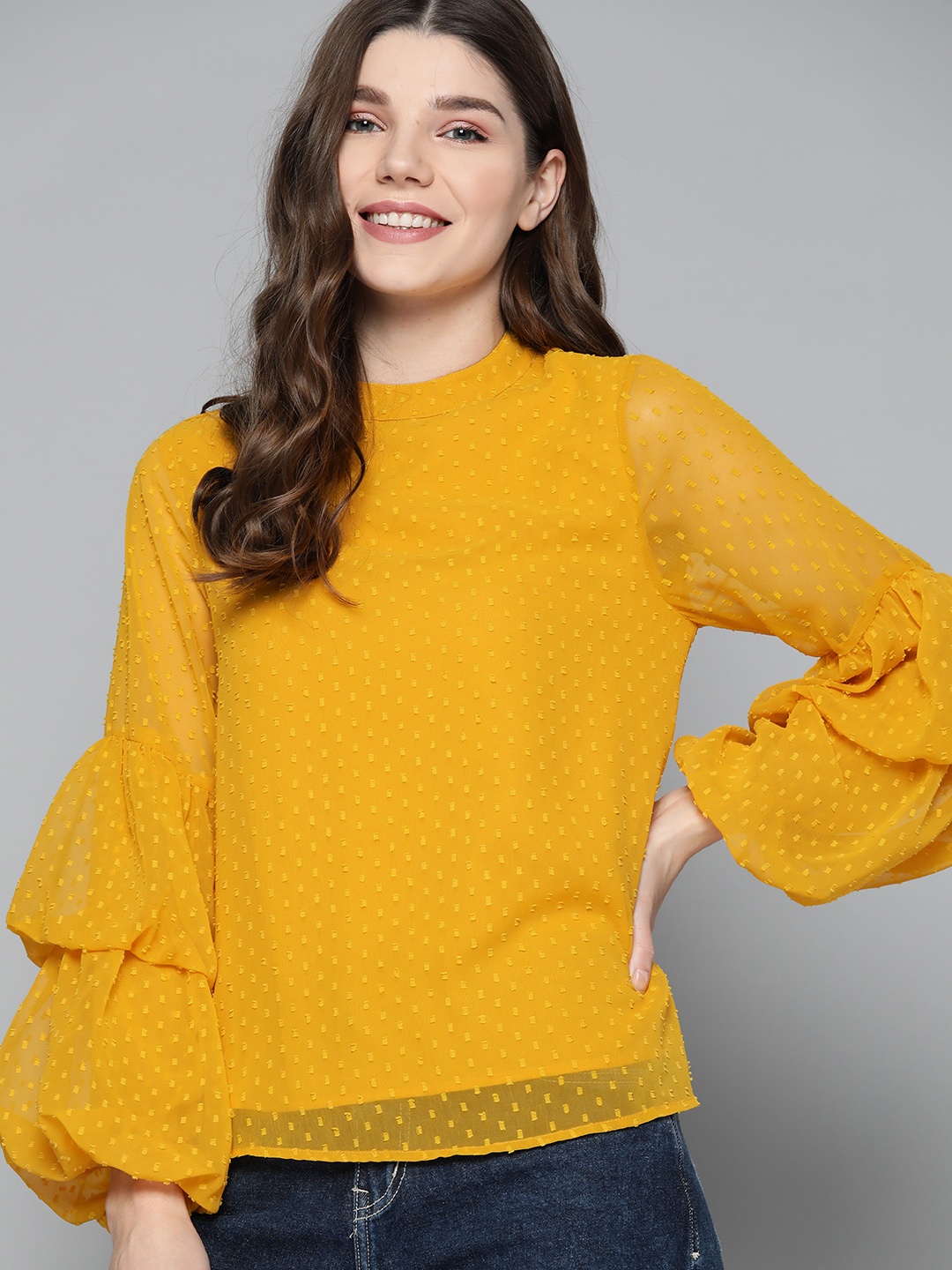 

Mast & Harbour Women Mustard Yellow Dobby Weave Bishop Sleeves Top