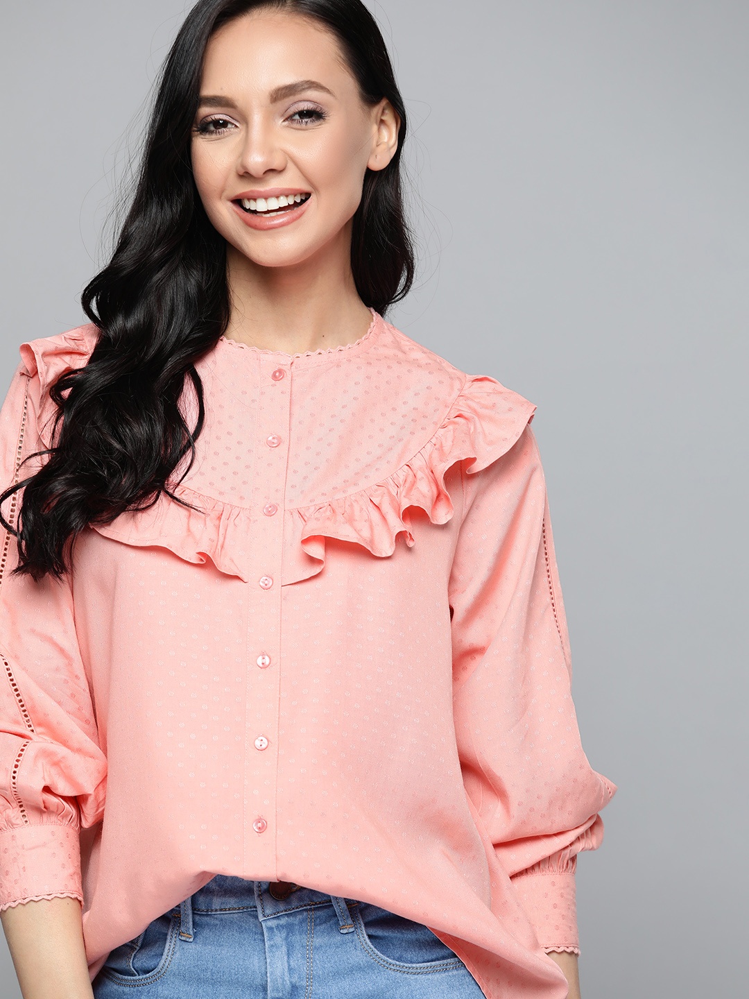 

Mast & Harbour Pink Geometric Self Design Ruffles Regular Top