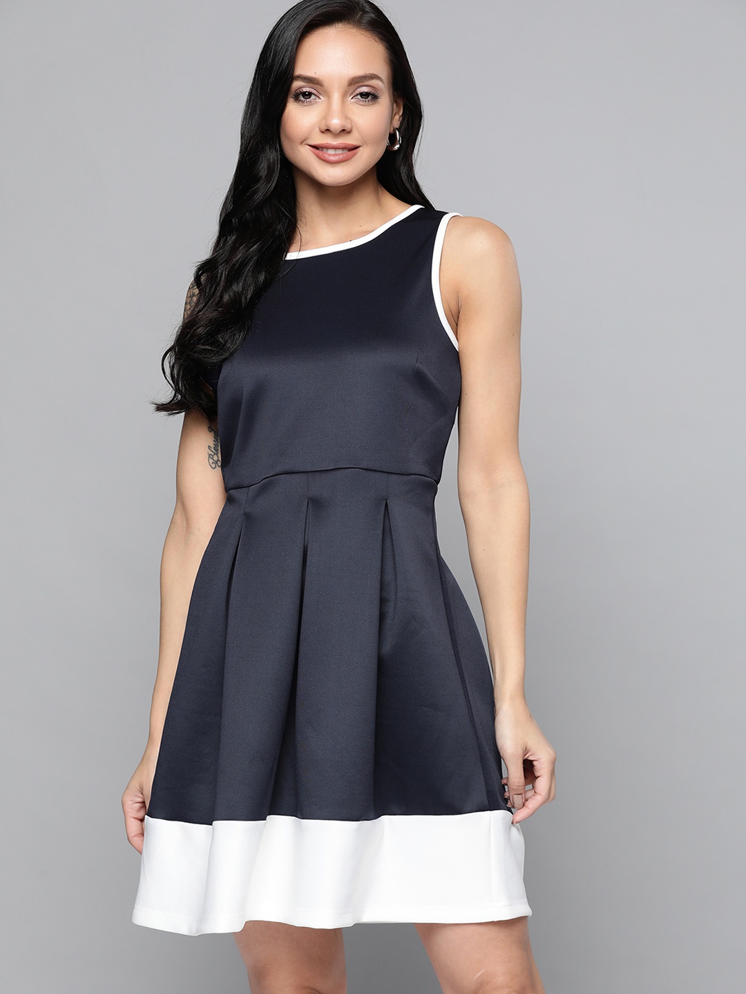 

Mast & Harbour Navy Blue & White A-Line Sleeveless Stretchable Dress