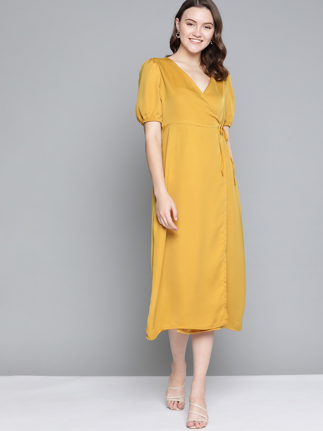 

Mast & Harbour Women Mustard Yellow Solid Midi Wrap Dress