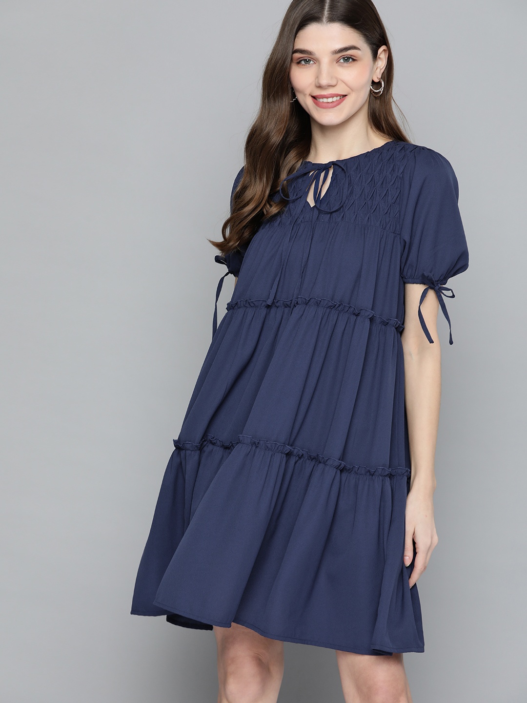 

Mast & Harbour Women Navy Blue Tie-Up Neck A-Line Tiered Dress