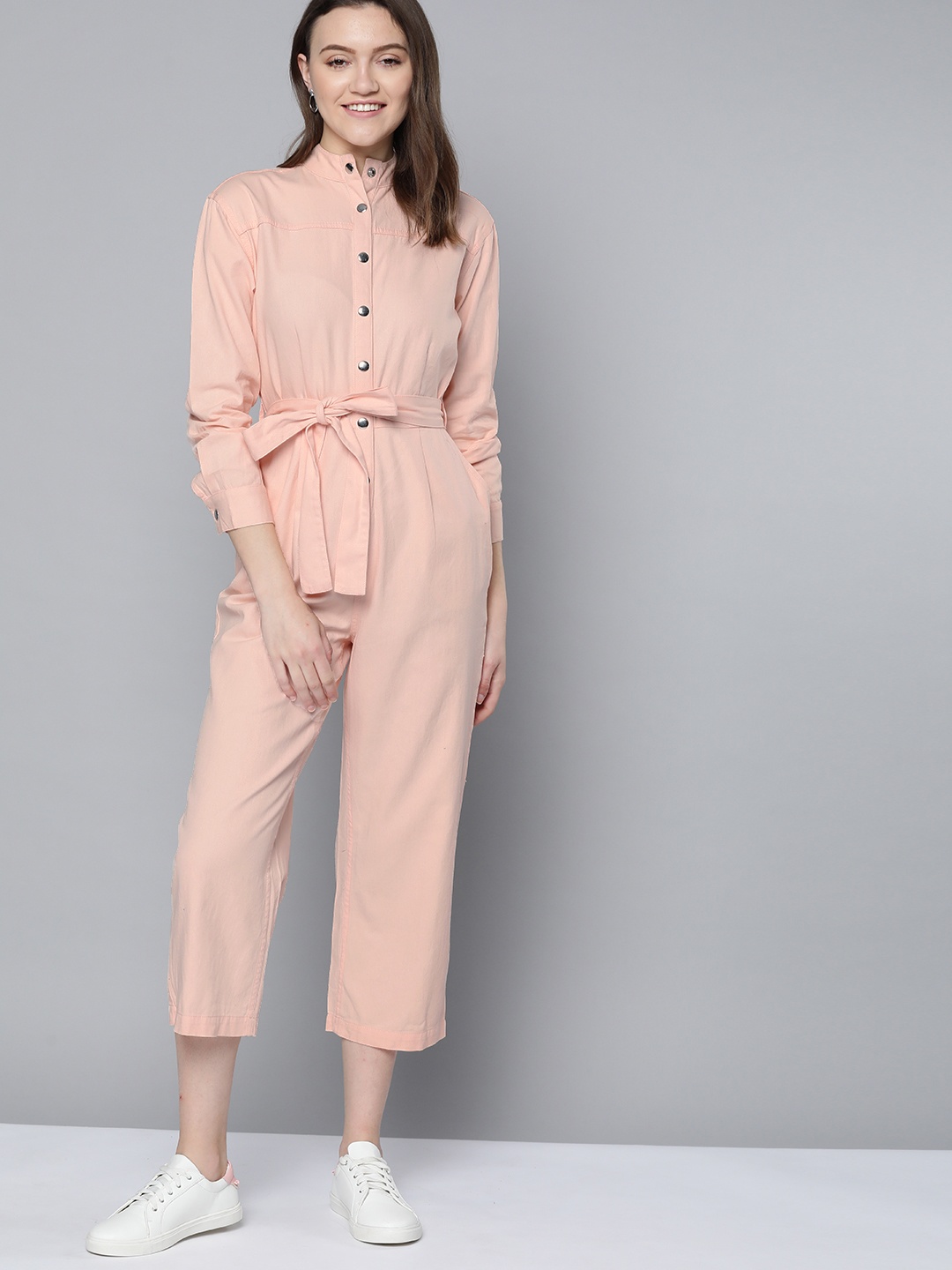 

Mast & Harbour Peach-Coloured Pure Cotton Basic Cropped Jumpsuit with Belt