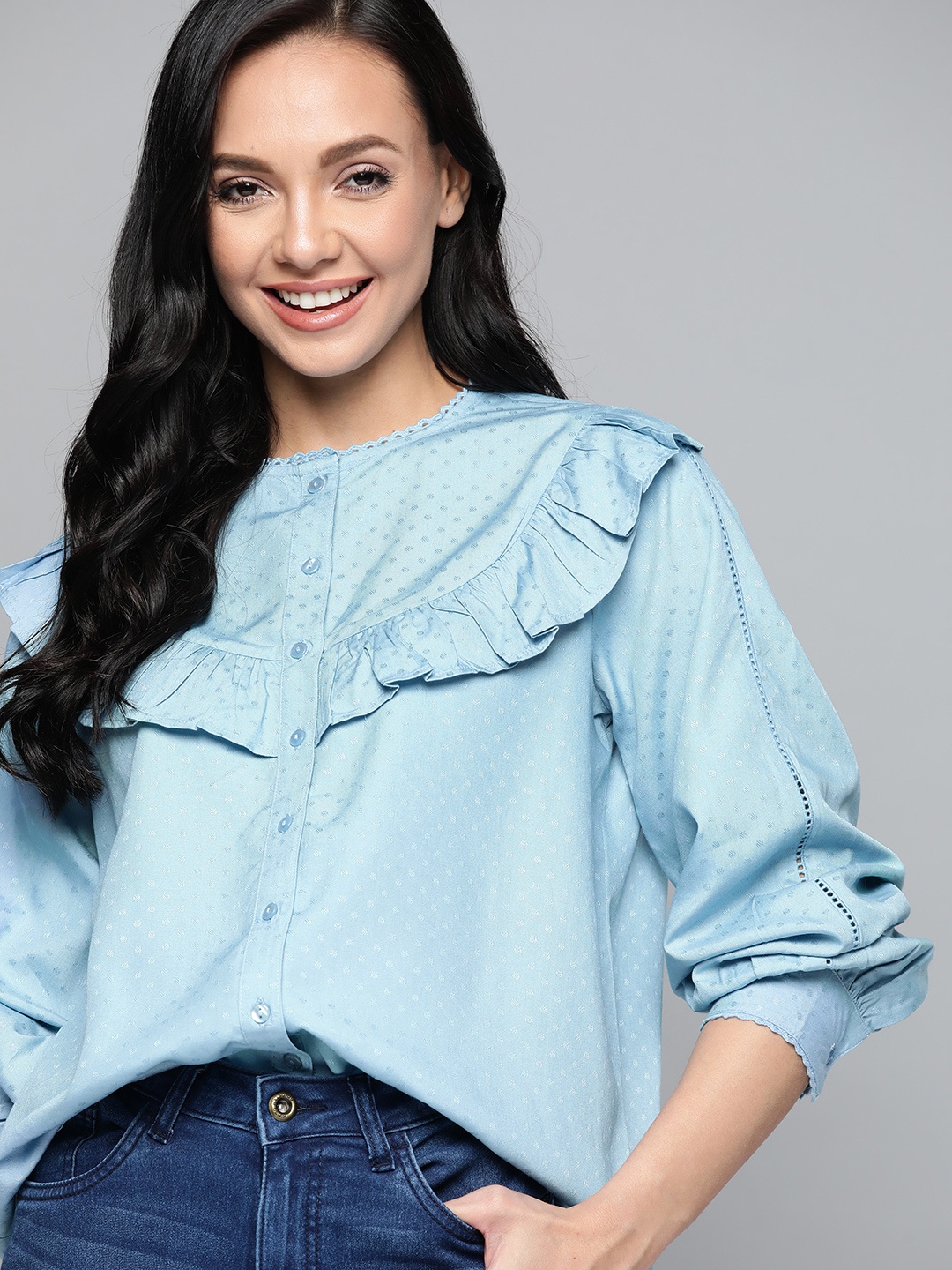 

Mast & Harbour Blue Geometric Self Design Ruffles Regular Top