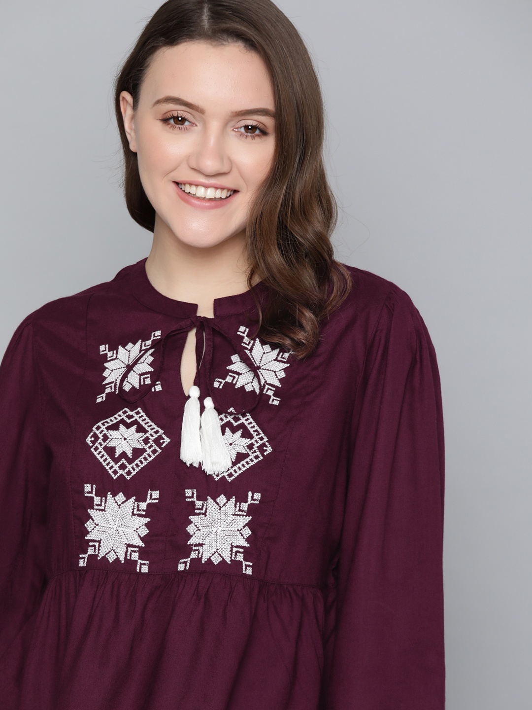 

Mast & Harbour Burgundy & White Embroidered Tie-Up Neck A-Line Top