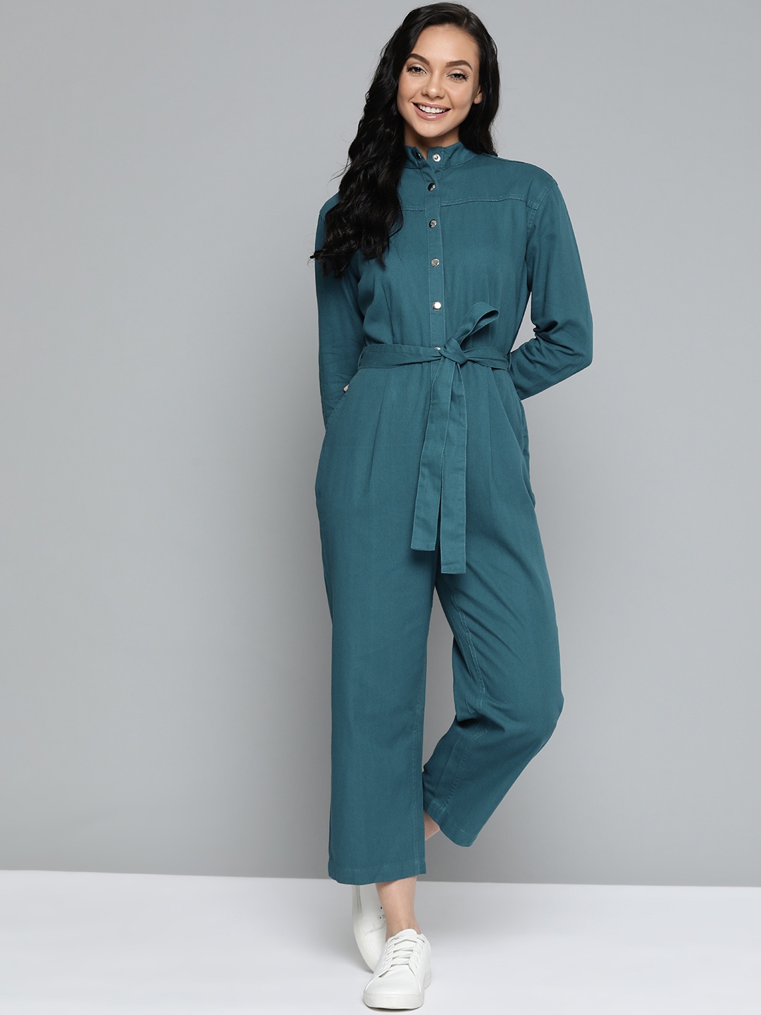 

Mast & Harbour Teal Blue Pure Cotton Solid Basic Jumpsuit with Belt