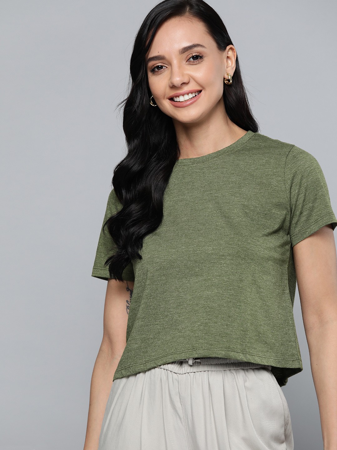 

Mast & Harbour Women Olive Green Solid T-shirt