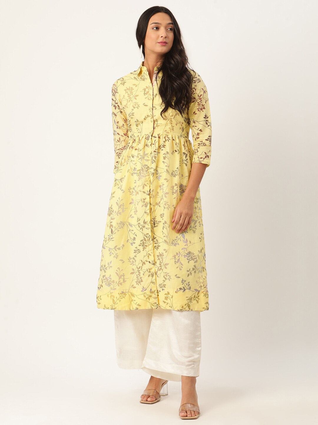 

ROOTED Women Yellow & Brown Floral Printed Kurta