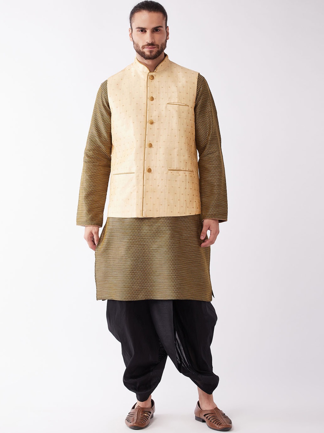

VASTRAMAY Men Brown Self Design Kurta & Dhoti Pants With Banarasi Nehru Jacket, Black