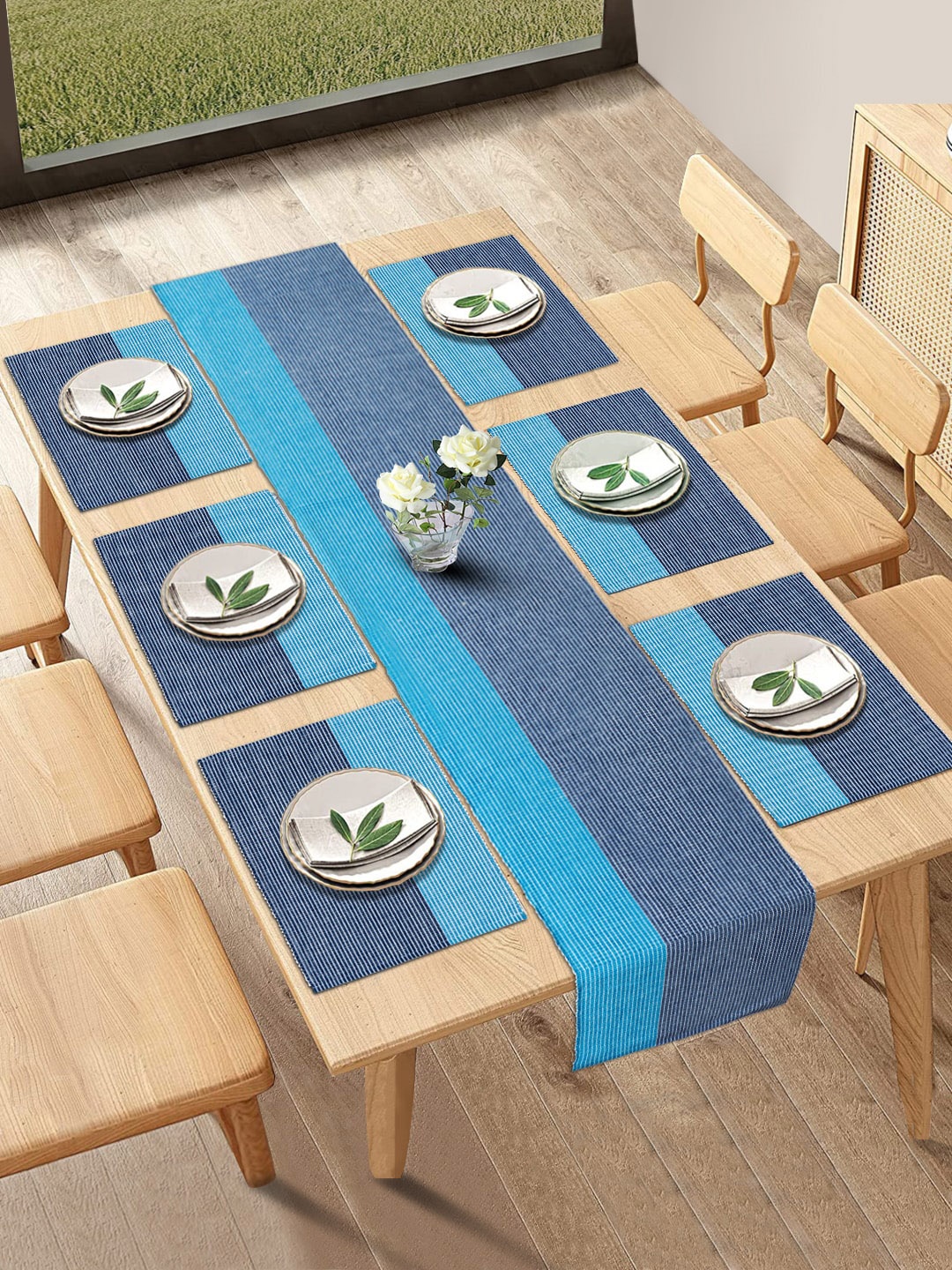 

HOKIPO Blue Cotton Ribbed Heat Resistant 7 Pieces Table Mats with Runner