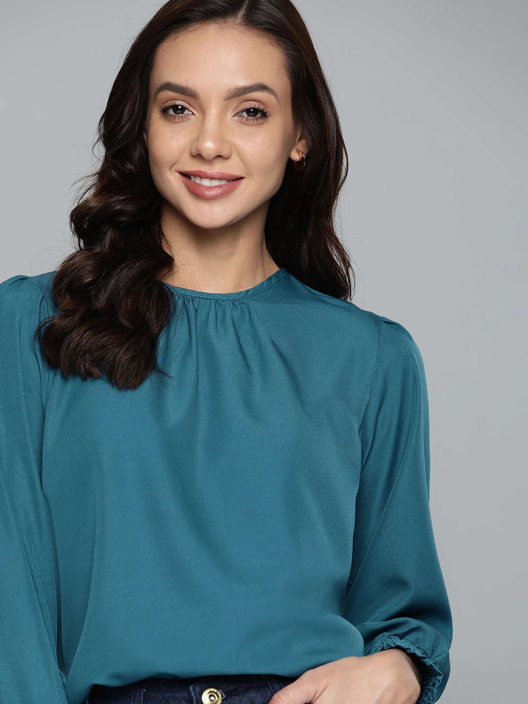 

Mast & Harbour Teal Blue Top with Smocking Detail
