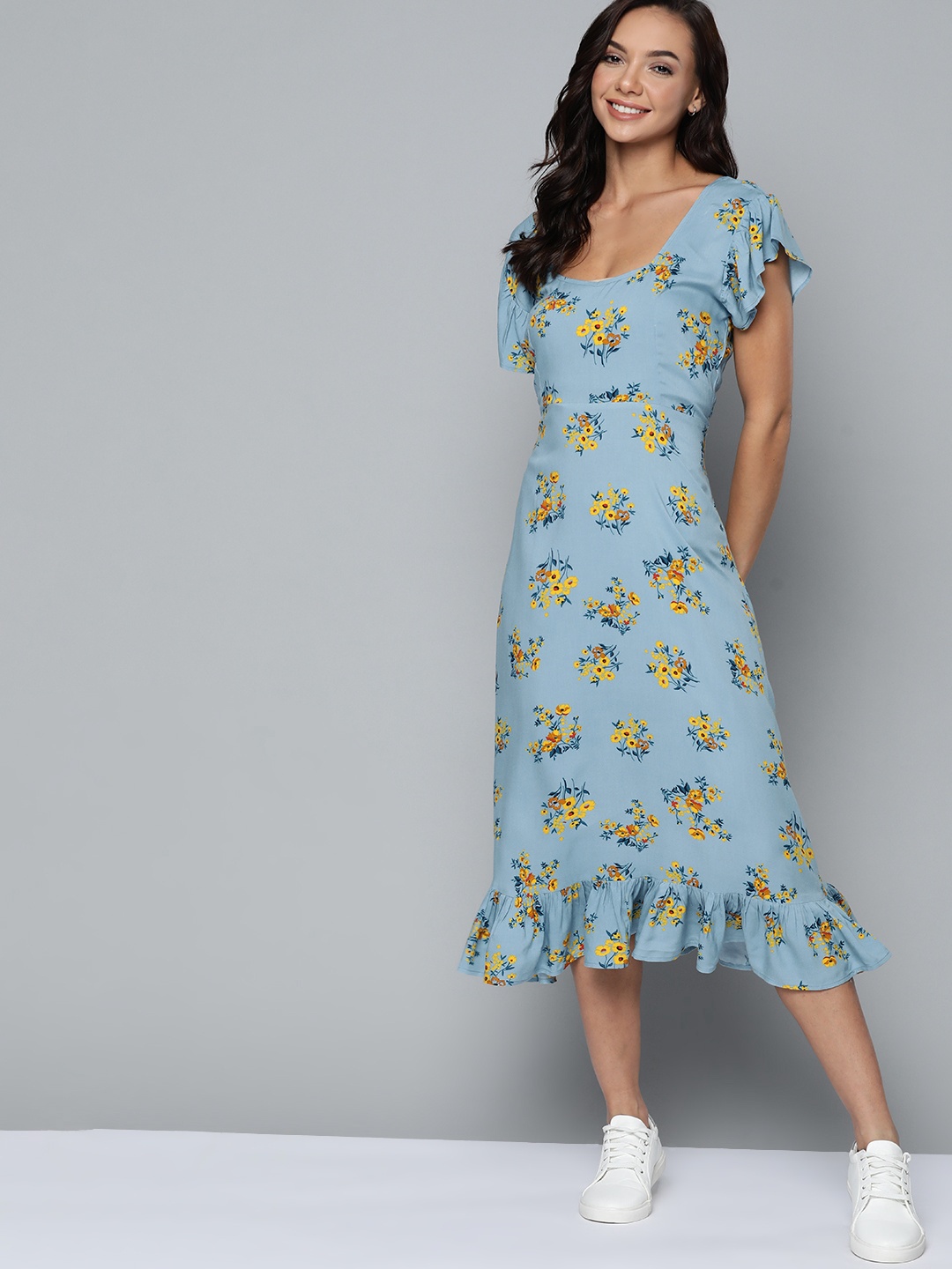 

Mast & Harbour Women Blue & Yellow Floral A-Line Dress