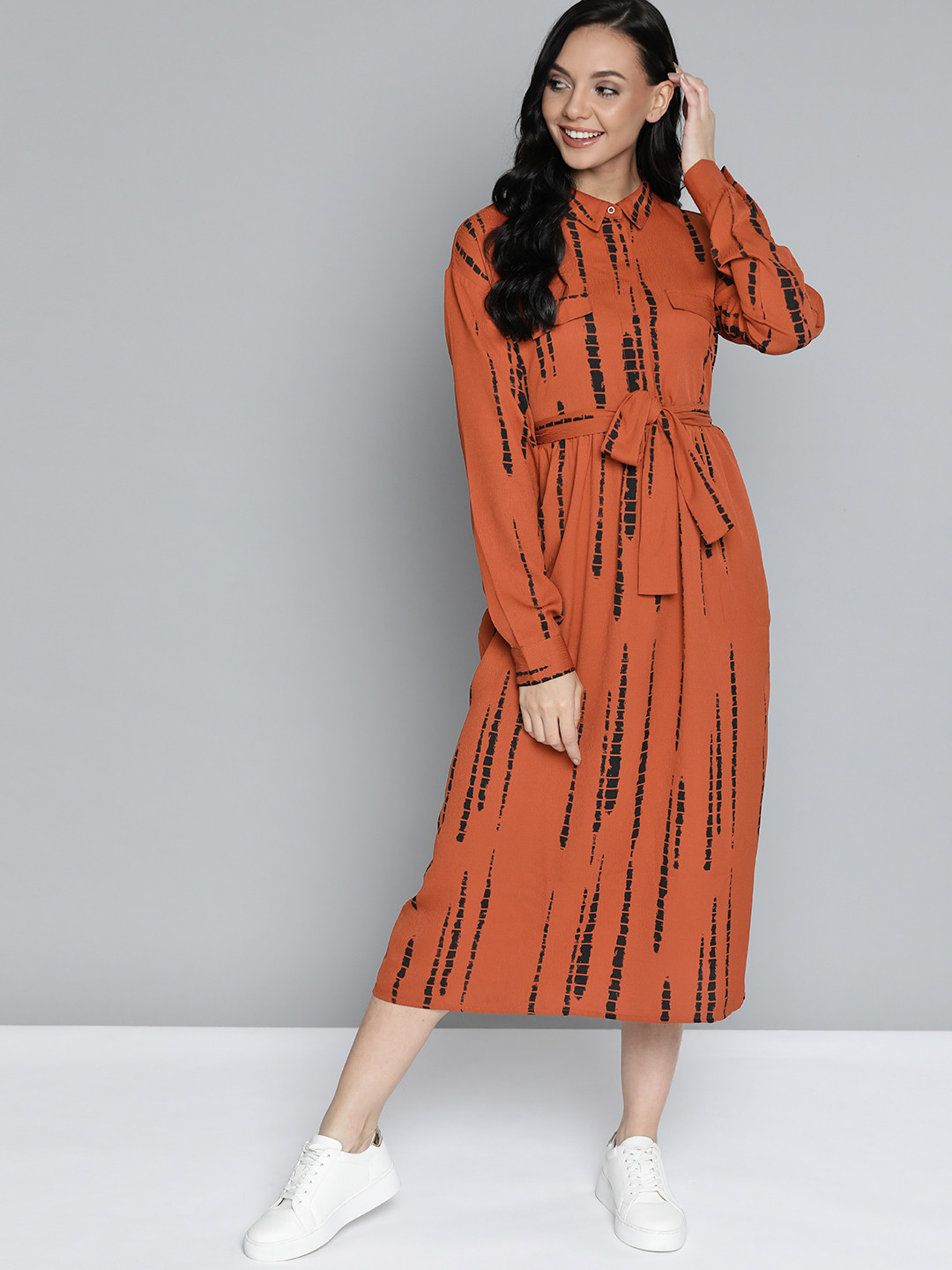 

Mast & Harbour Brown & Black Dyed Shirt Midi Dress with Belt