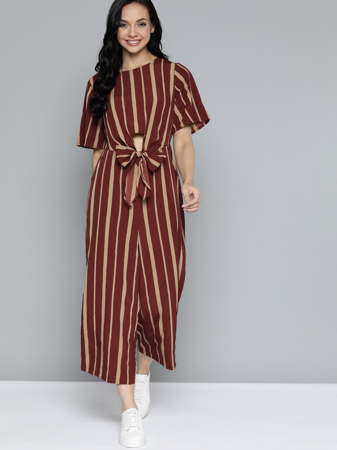 

Mast & Harbour Maroon & Beige Striped Basic Jumpsuit
