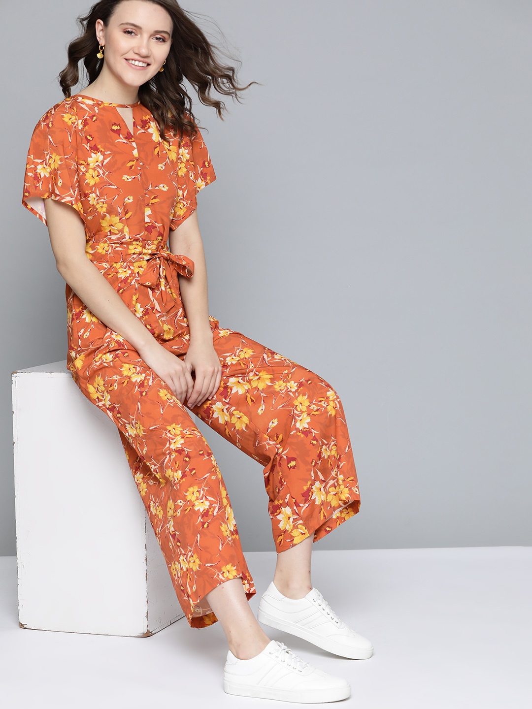 

Mast & Harbour Rust Orange & Yellow Floral Printed Basic Jumpsuit with Belt