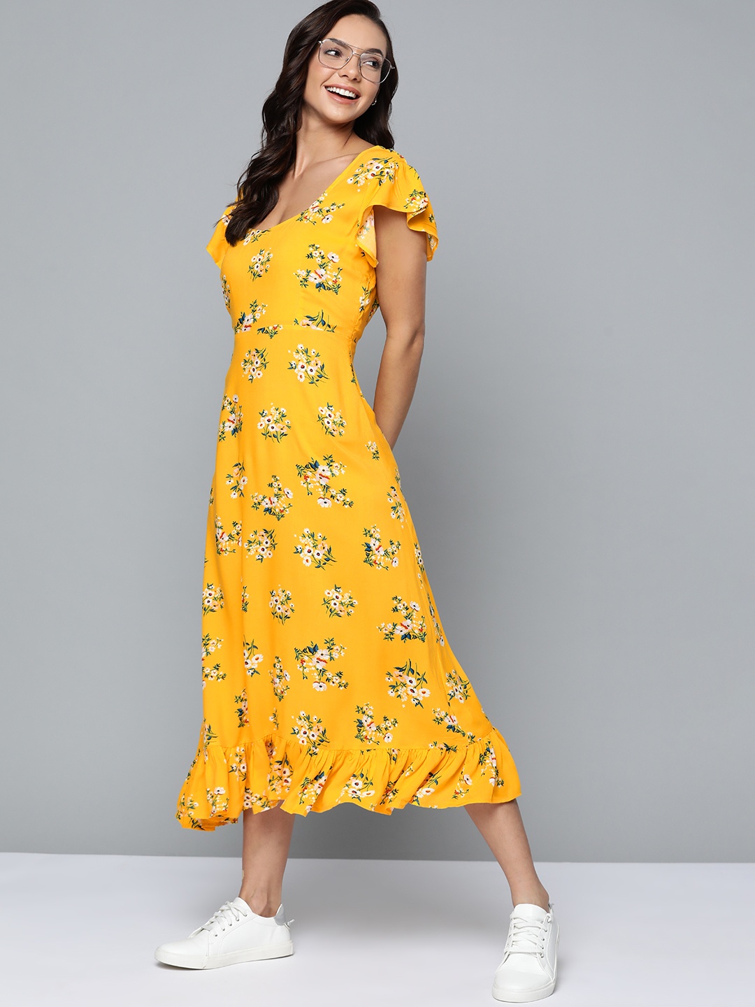 

Mast & Harbour Women Yellow & White Floral A-Line Dress