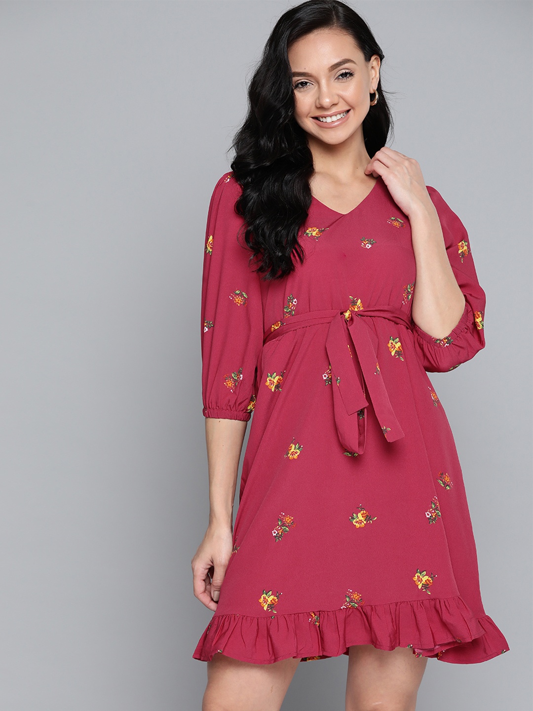 

Mast & Harbour Magenta & Yellow Floral Printed A-Line Dress with Belt