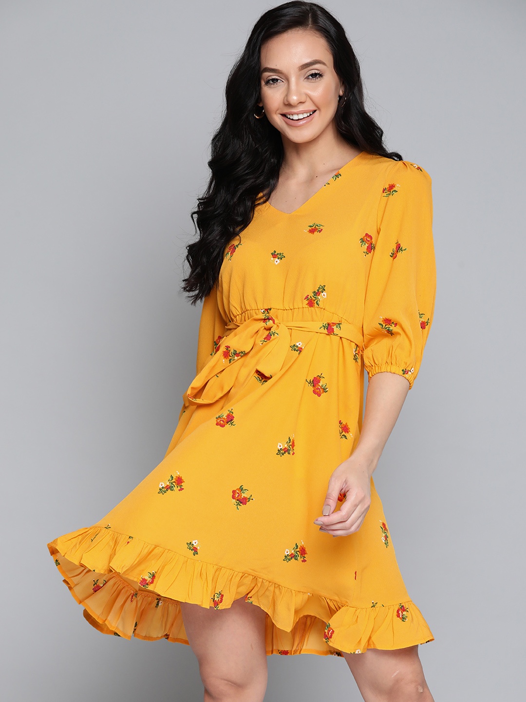 

Mast & Harbour Yellow & Red Floral Printed A-Line Dress with Belt