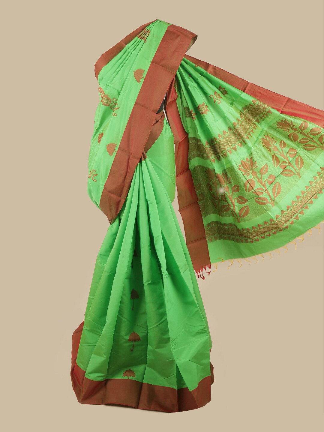 

Pothys Green & Brown Ethnic Motifs Printed Silk Cotton Saree