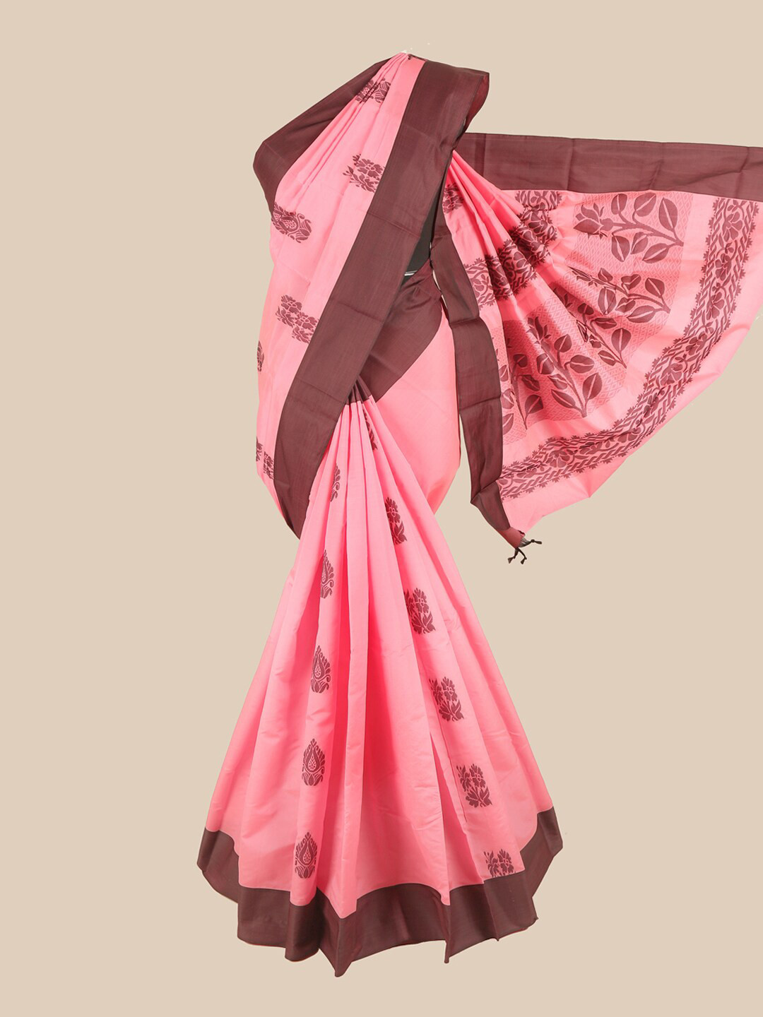 

Pothys Pink & Brown Floral Woven Design Silk Cotton Saree