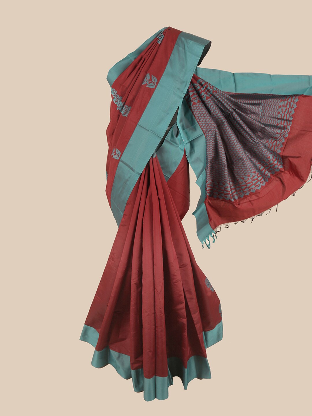 

Pothys Maroon & Teal Green Floral Silk Cotton Saree