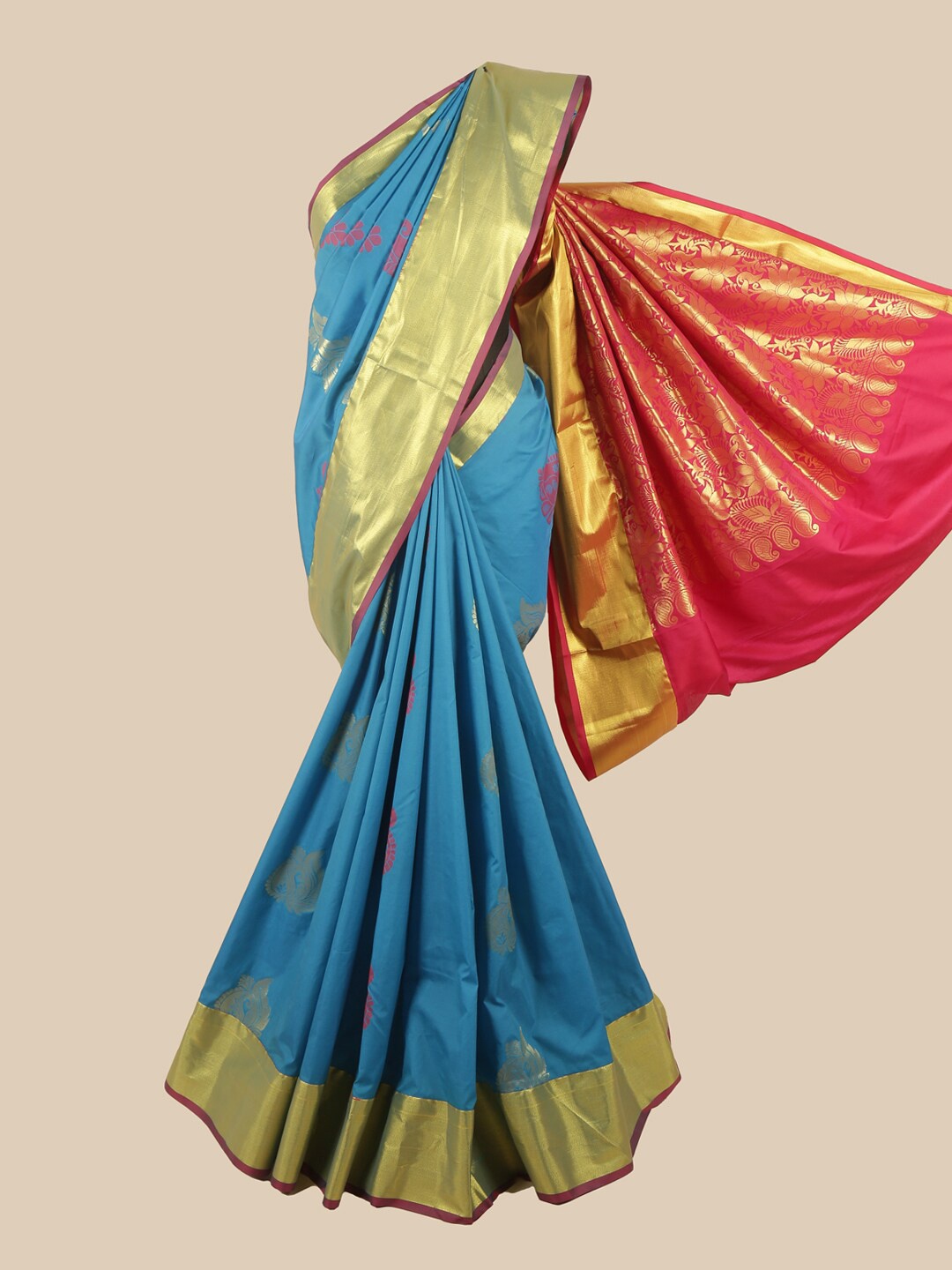 

Pothys Blue & Gold-Toned Floral Zari Art Silk Saree