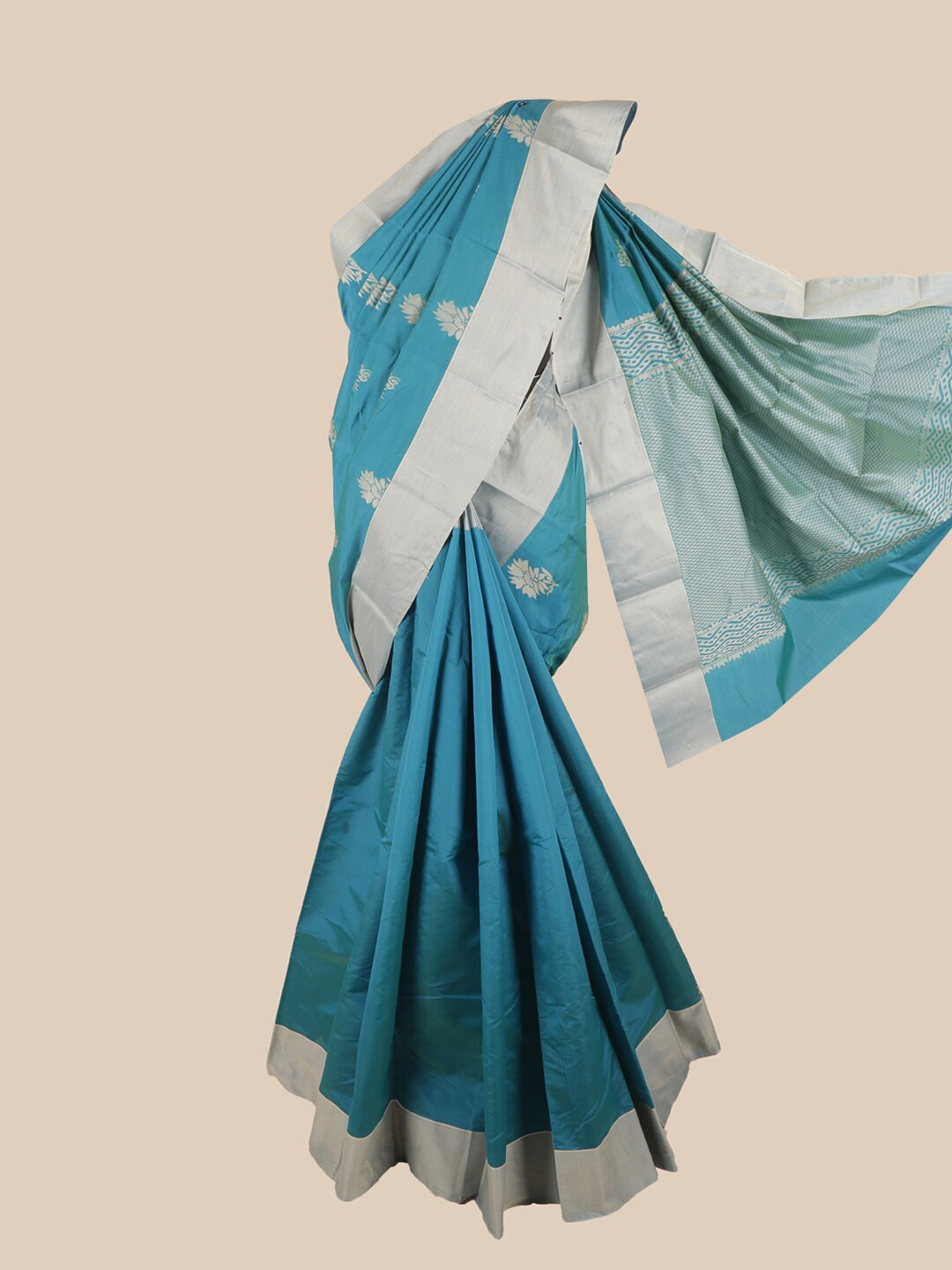 

Pothys Blue & Grey Floral Silk Cotton Saree
