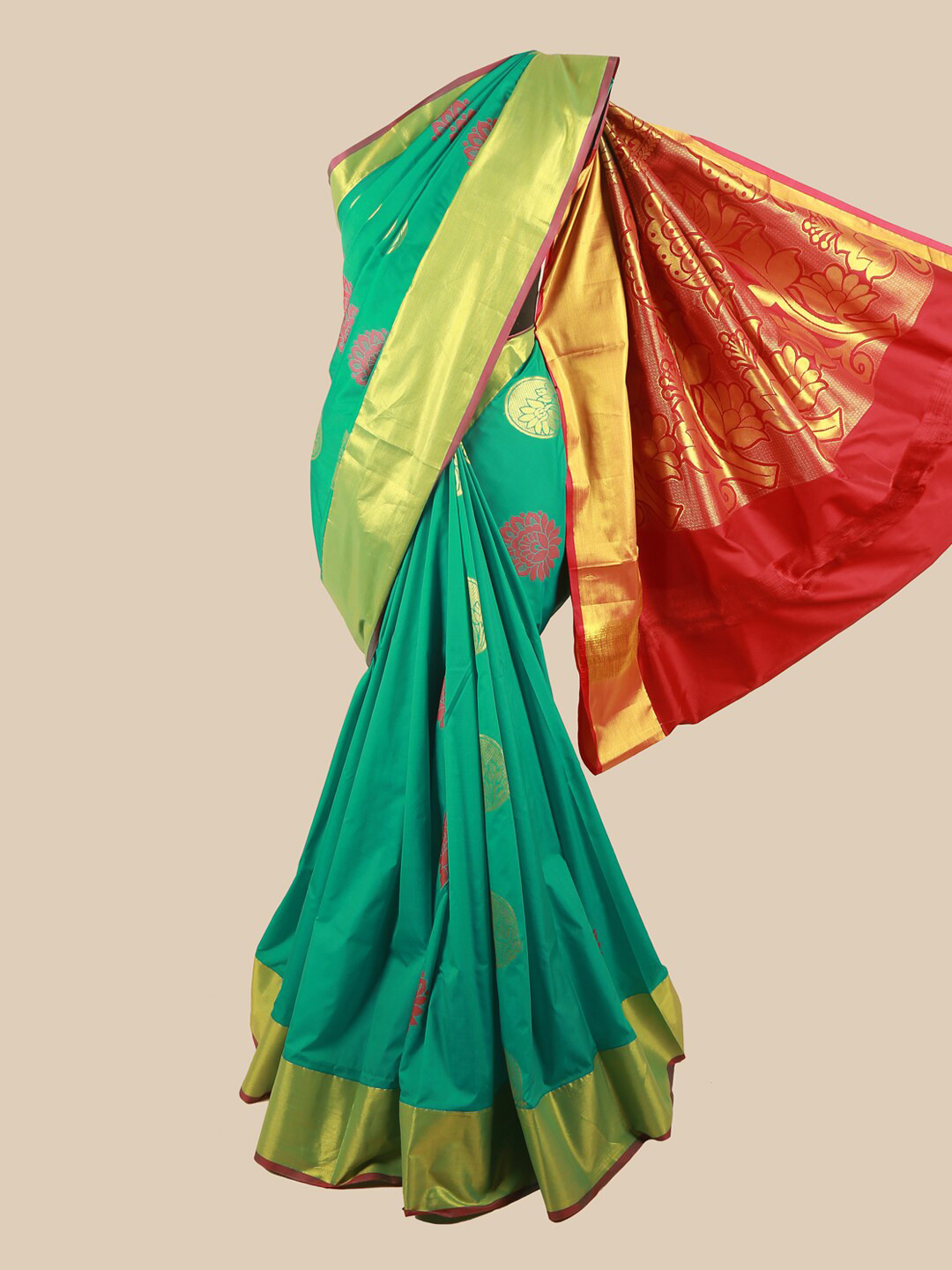 

Pothys Green & Red Ethnic Motifs Zari Art Silk Saree