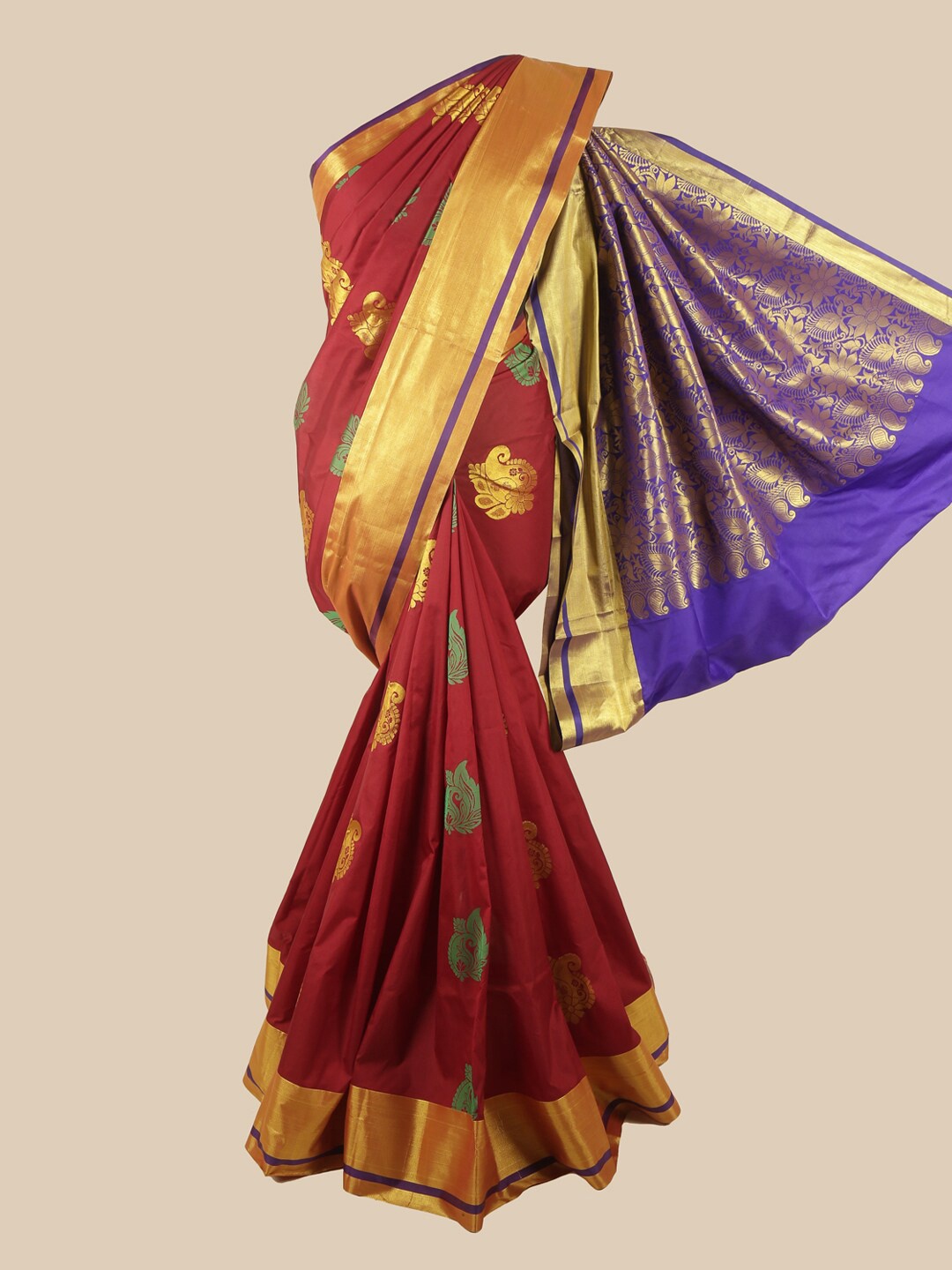 

Pothys Maroon & Gold-Toned Ethnic Motifs Zari Art Silk Saree