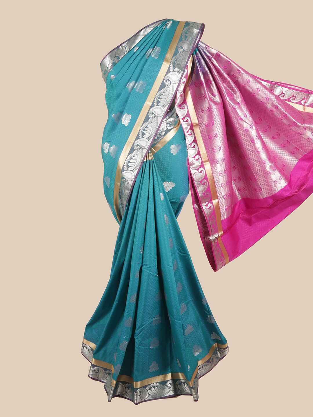 

Pothys Blue & Silver-Toned Ethnic Motifs Zari Art Silk Saree