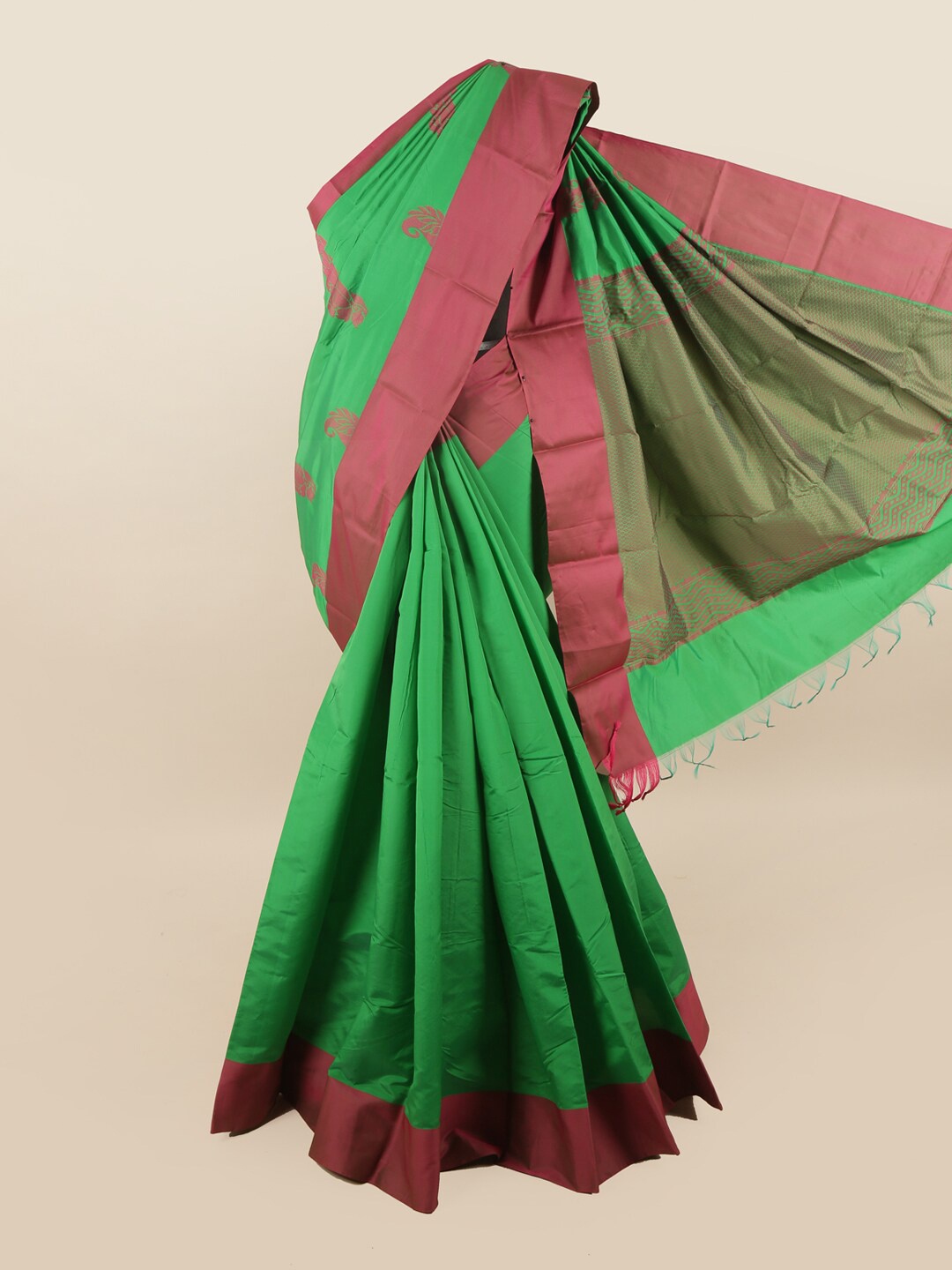 

Pothys Green & Purple Floral Silk Cotton Saree