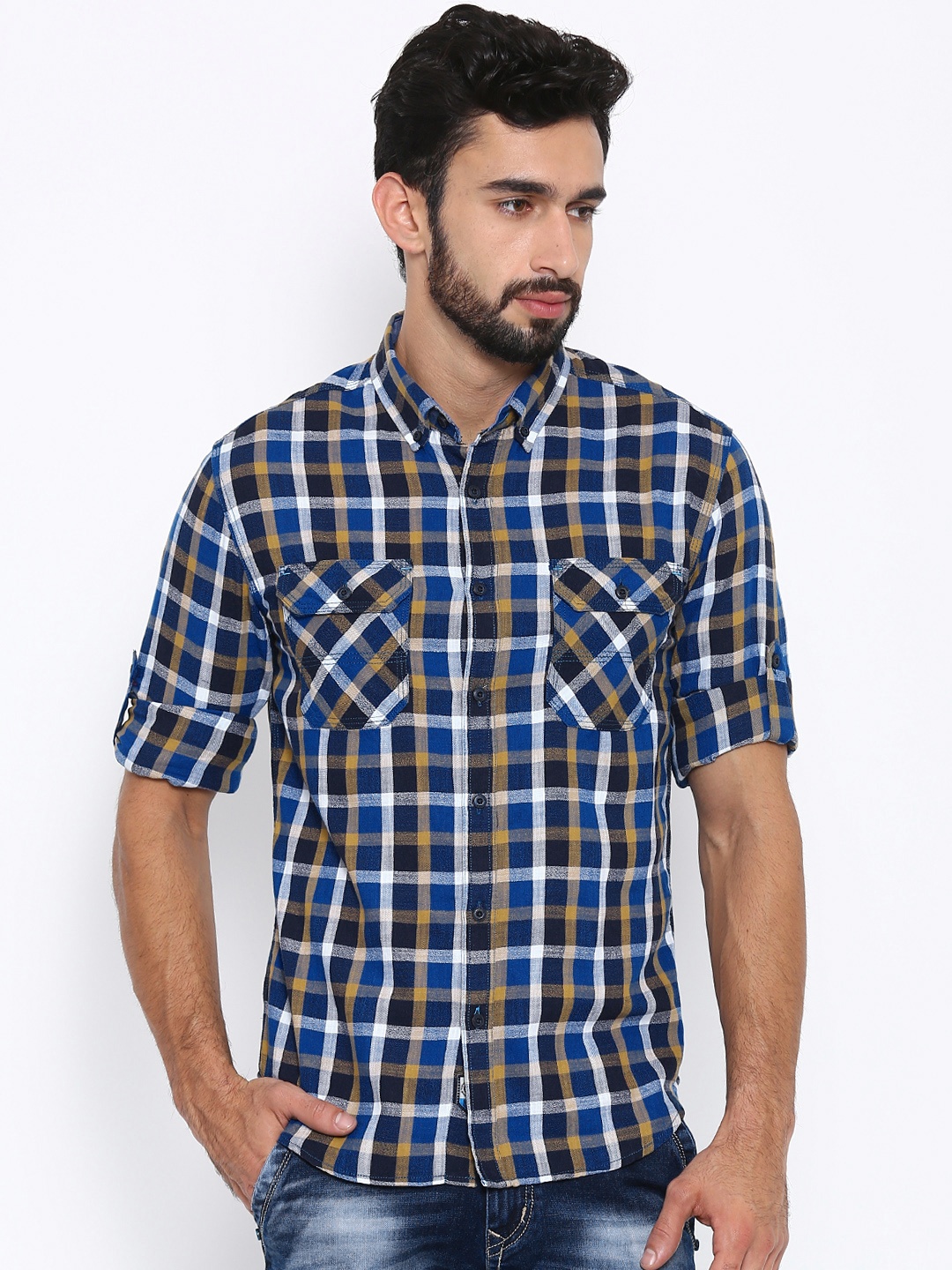 

LOCOMOTIVE Men Navy Blue Regular Fit Checked Casual Shirt