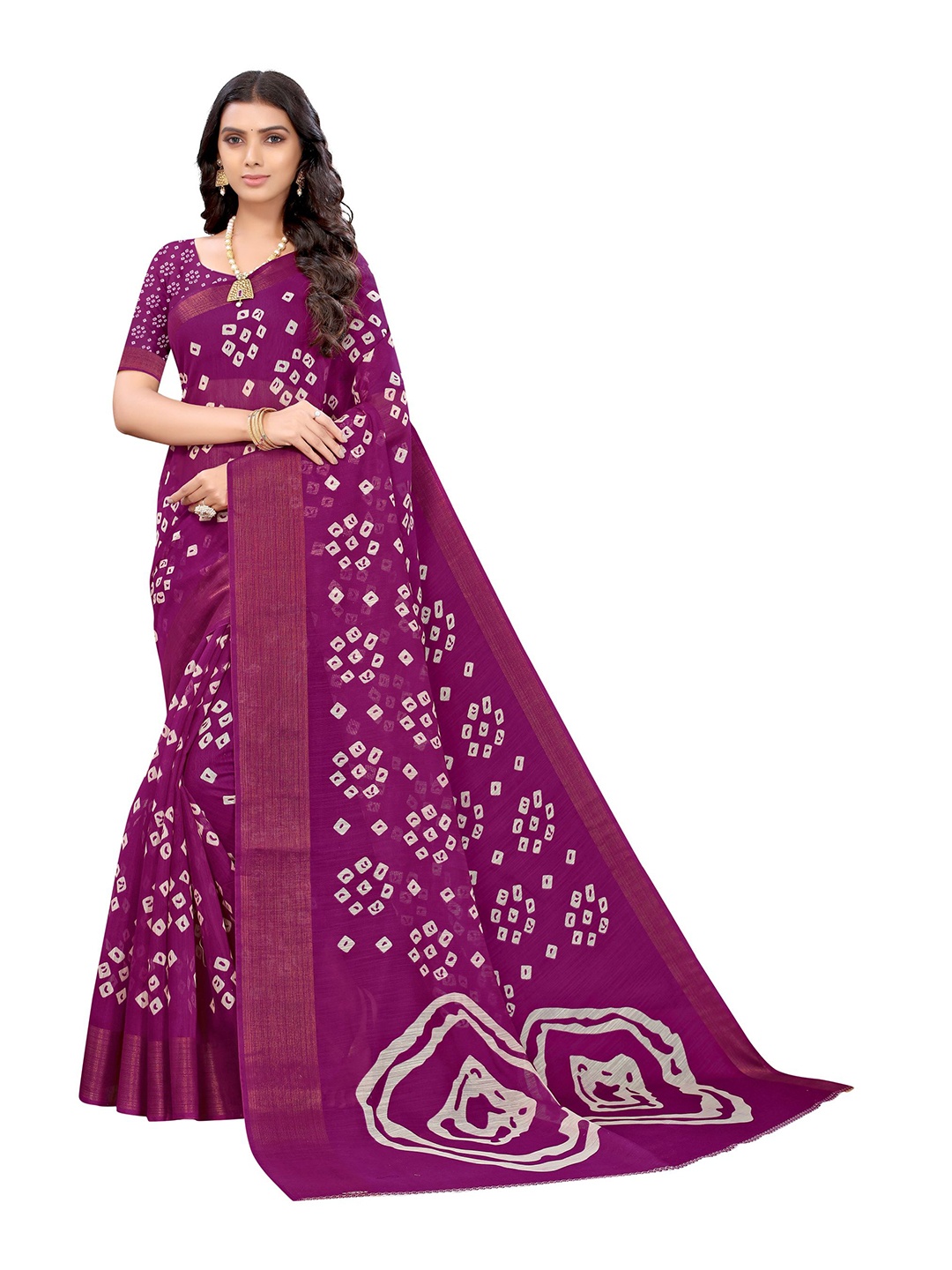 

Nimayaa Purple & White Bandhani Printed Saree