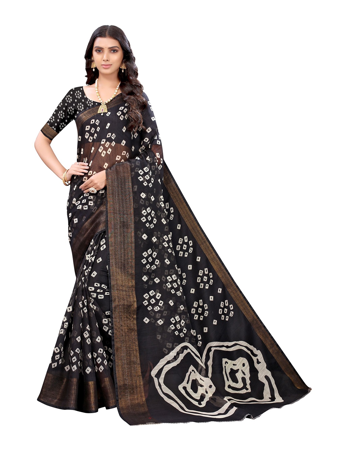 

Nimayaa Black & White Bandhani Printed Saree