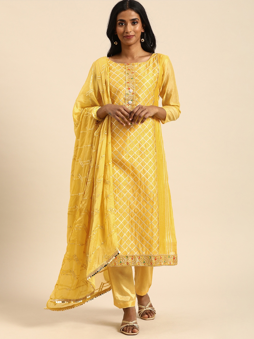 

Rajnandini Yellow Embroidered Unstitched Dress Material