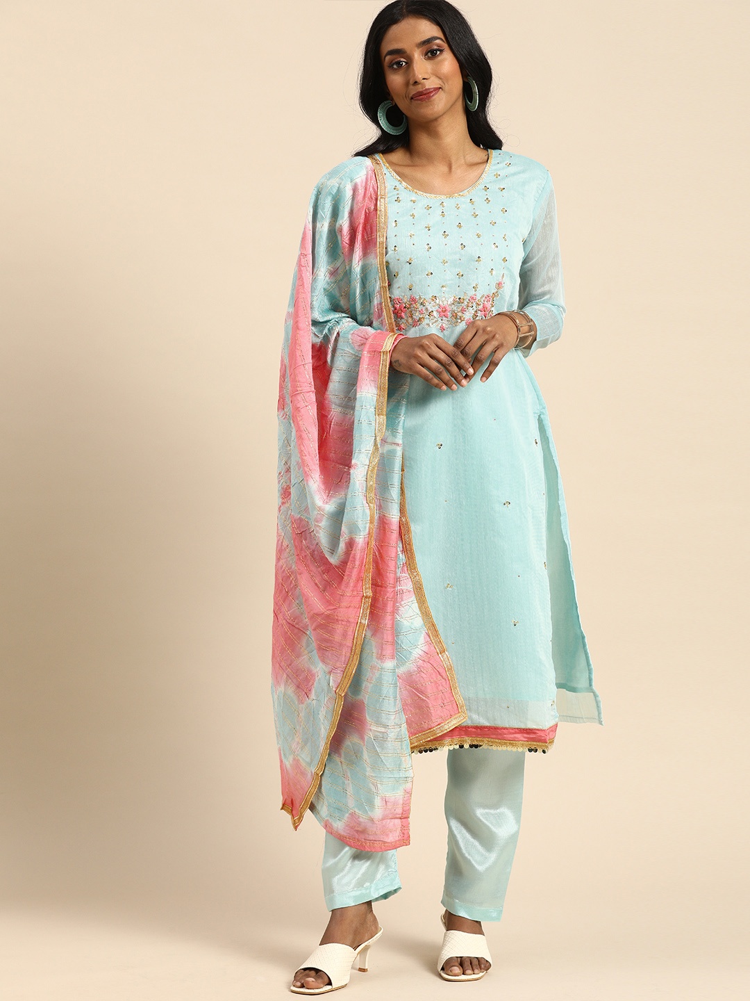 

Rajnandini Turquoise Blue & Pink Embroidered Unstitched Dress Material