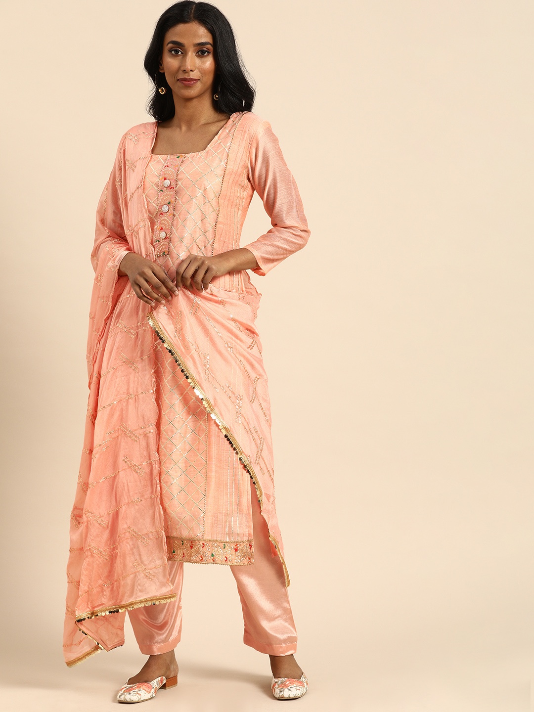 

Rajnandini Pink Embroidered Chanderi Silk Unstitched Dress Material