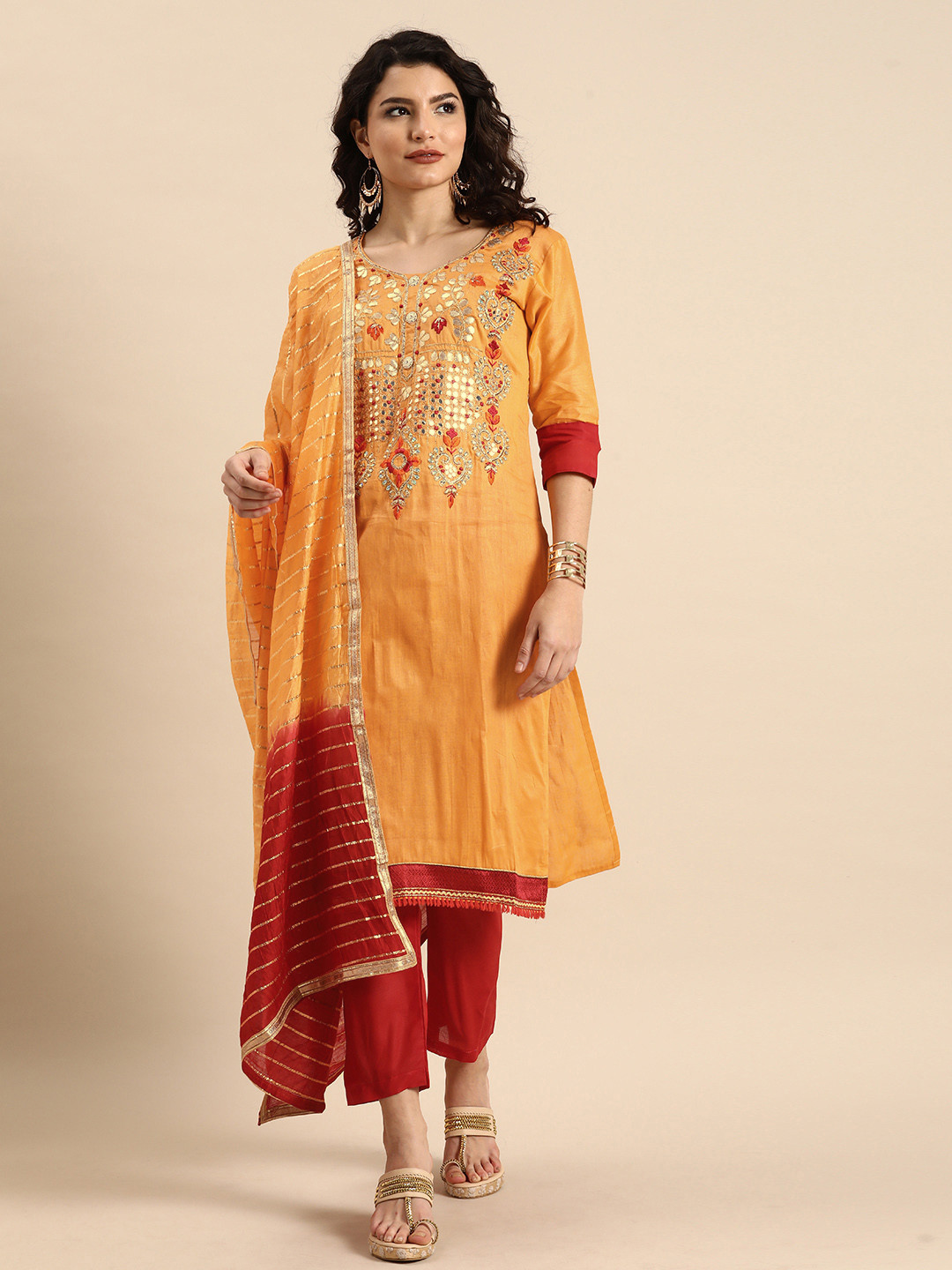 

Rajnandini Orange & Red Embroidered Unstitched Dress Material