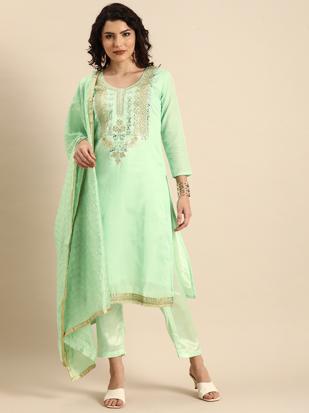 

Rajnandini Sea Green Embroidered Unstitched Dress Material