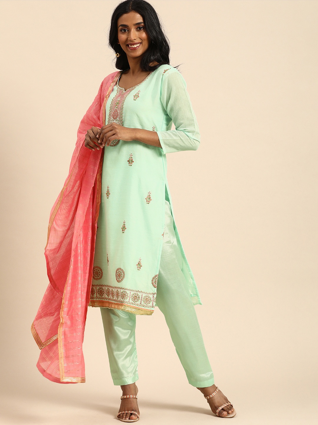 

Rajnandini Green & Peach-Coloured Embroidered Unstitched Dress Material