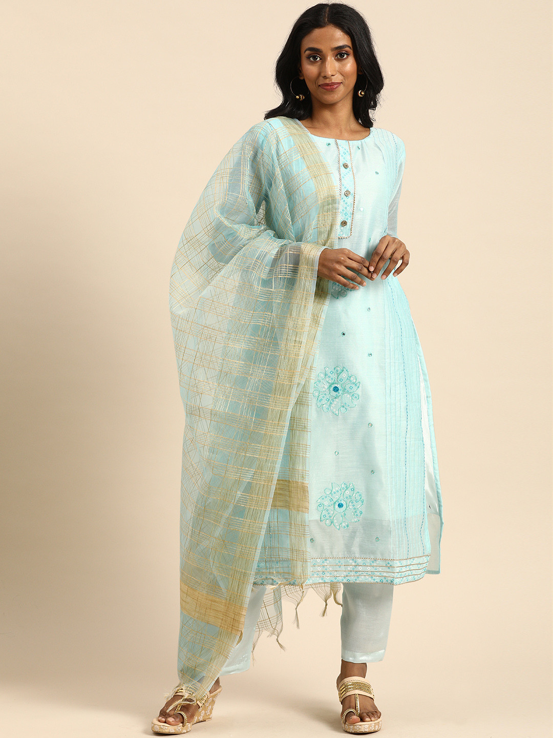 

Rajnandini Turquoise Blue Embroidered Chanderi Silk Unstitched Dress Material