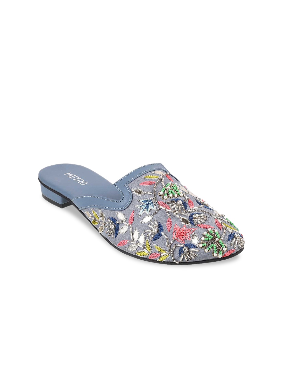 

Metro Women Grey Pointed Toe Embroidered Mules Flats