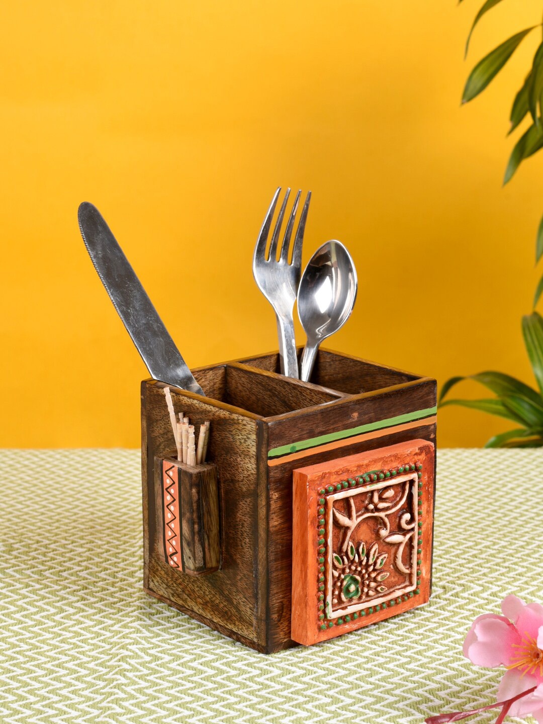 

AAKRITI ART CREATIONS Handcrafted Cutlery Holder with Tribal Art, Brown