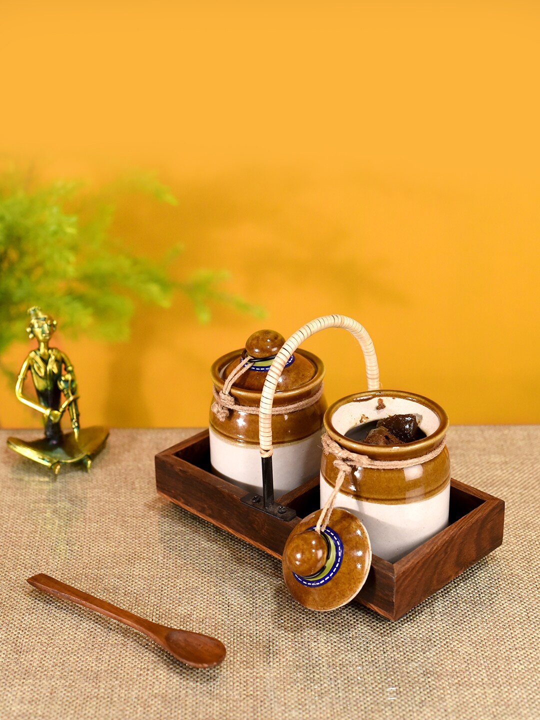 

AAKRITI ART CREATIONS White & Brown Ceramic Chatore Barni Set with Cane Embellished Tray