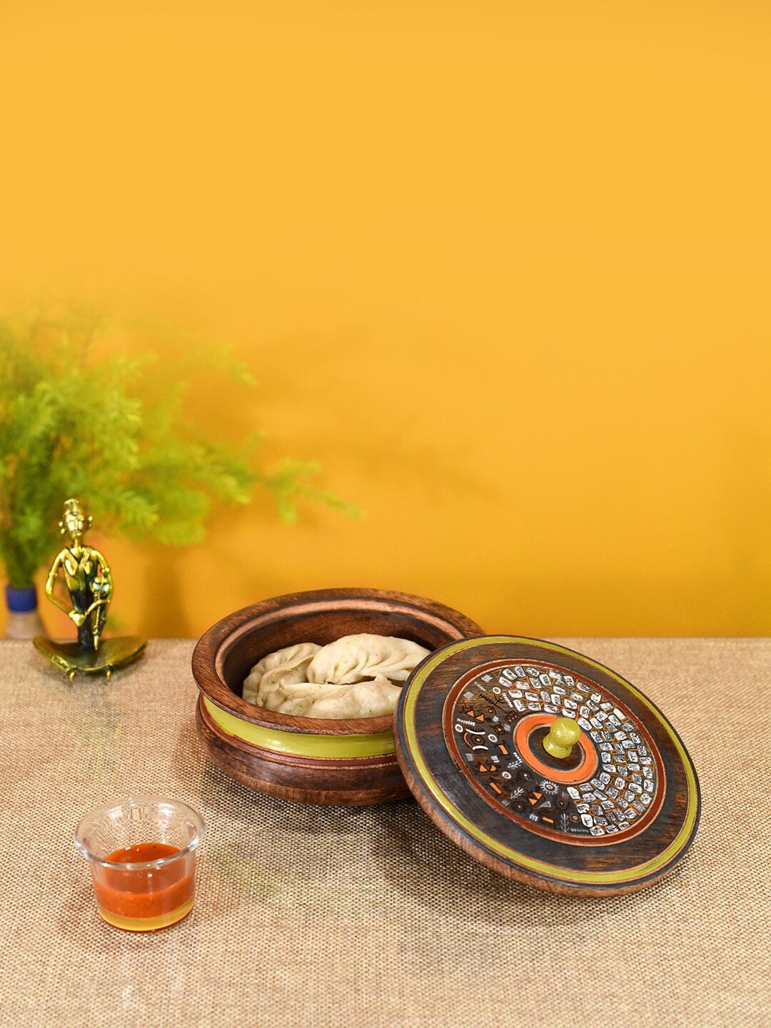 

AAKRITI ART CREATIONS Brown & White Printed Mango Wood Dimsum Box