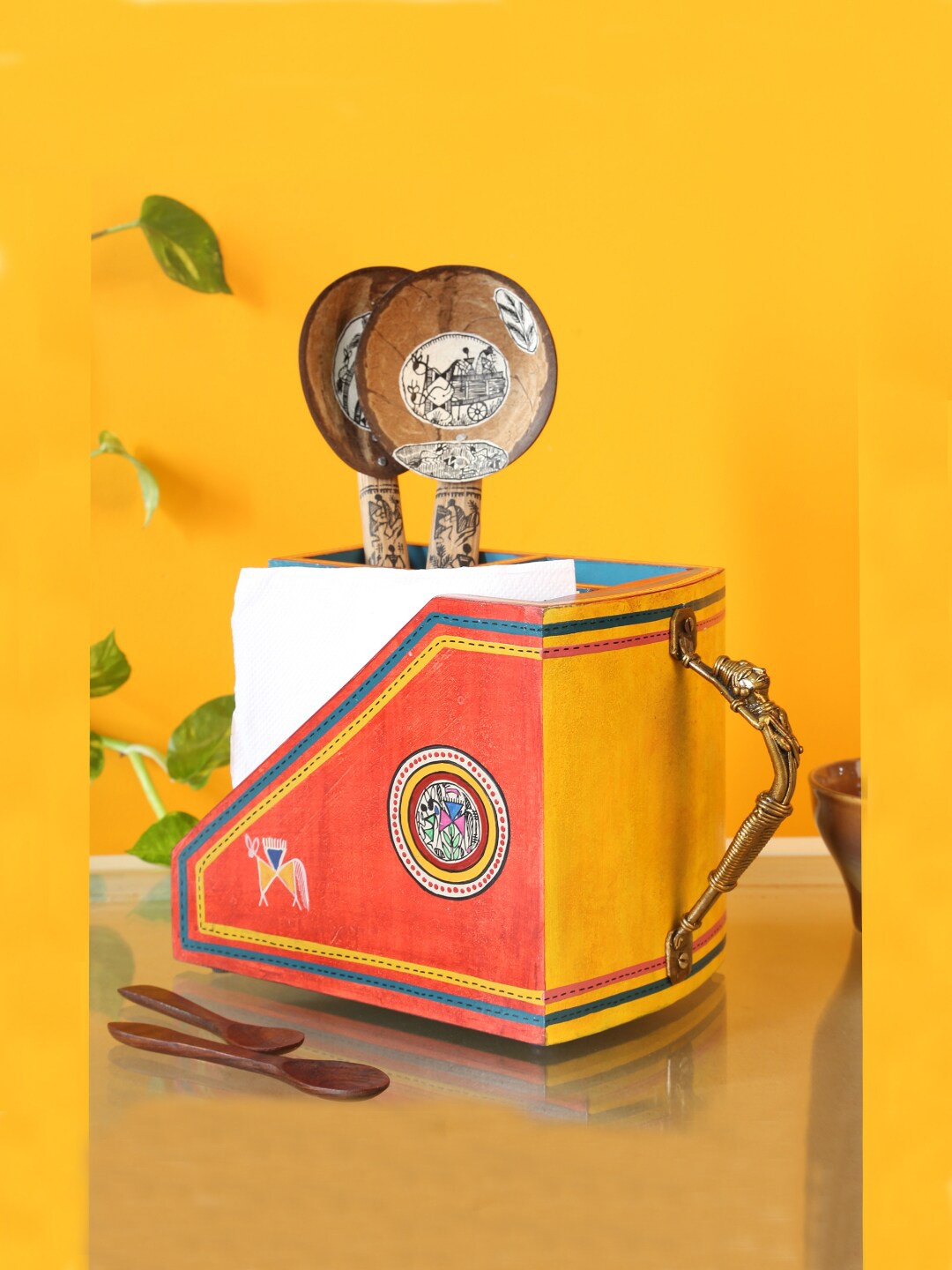 

AAKRITI ART CREATIONS Orange & Yellow Kitchen Cutlery Wood Organizer