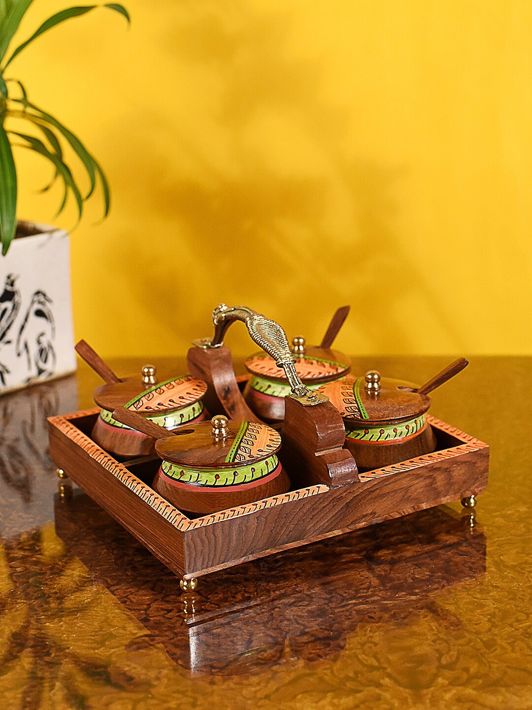 

AAKRITI ART CREATIONS Set Of 5 Warli Design Tray & Handi Serveware, Brown